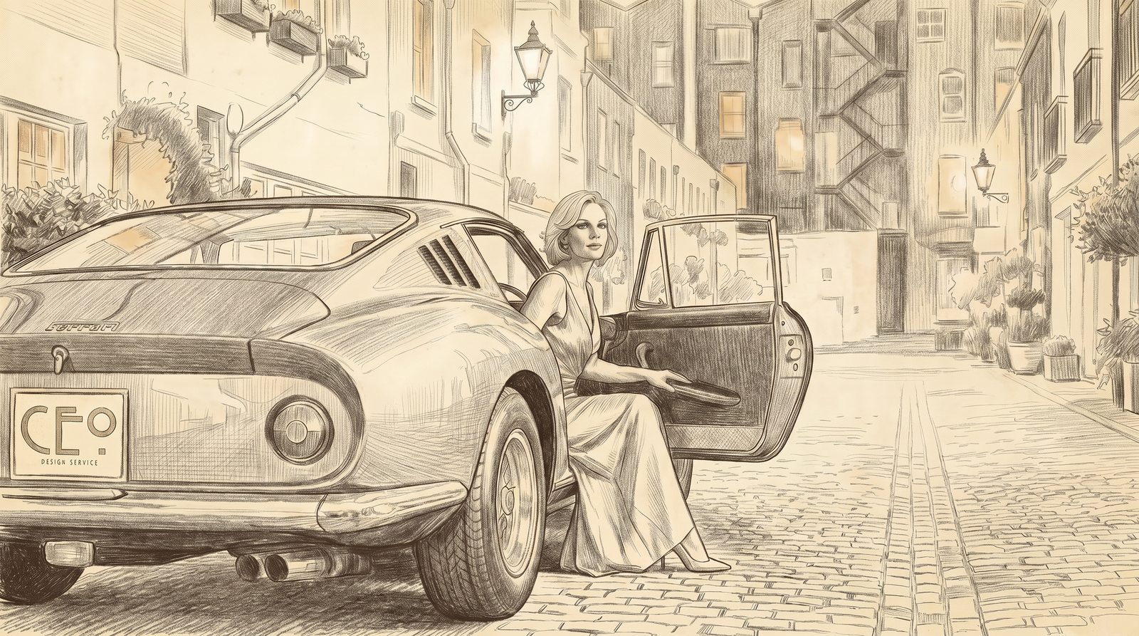 Pencil illustration of a client arriving in a historic mews street beside a classic vehicle