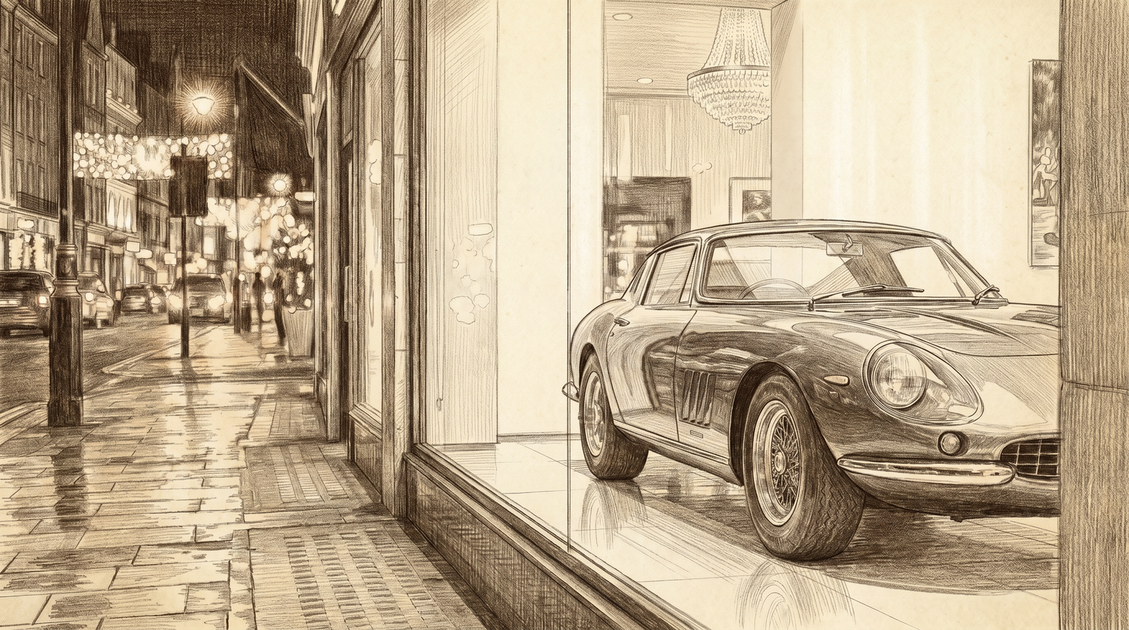Pencil illustration of a heritage street with a discreet showroom and high-value vehicle