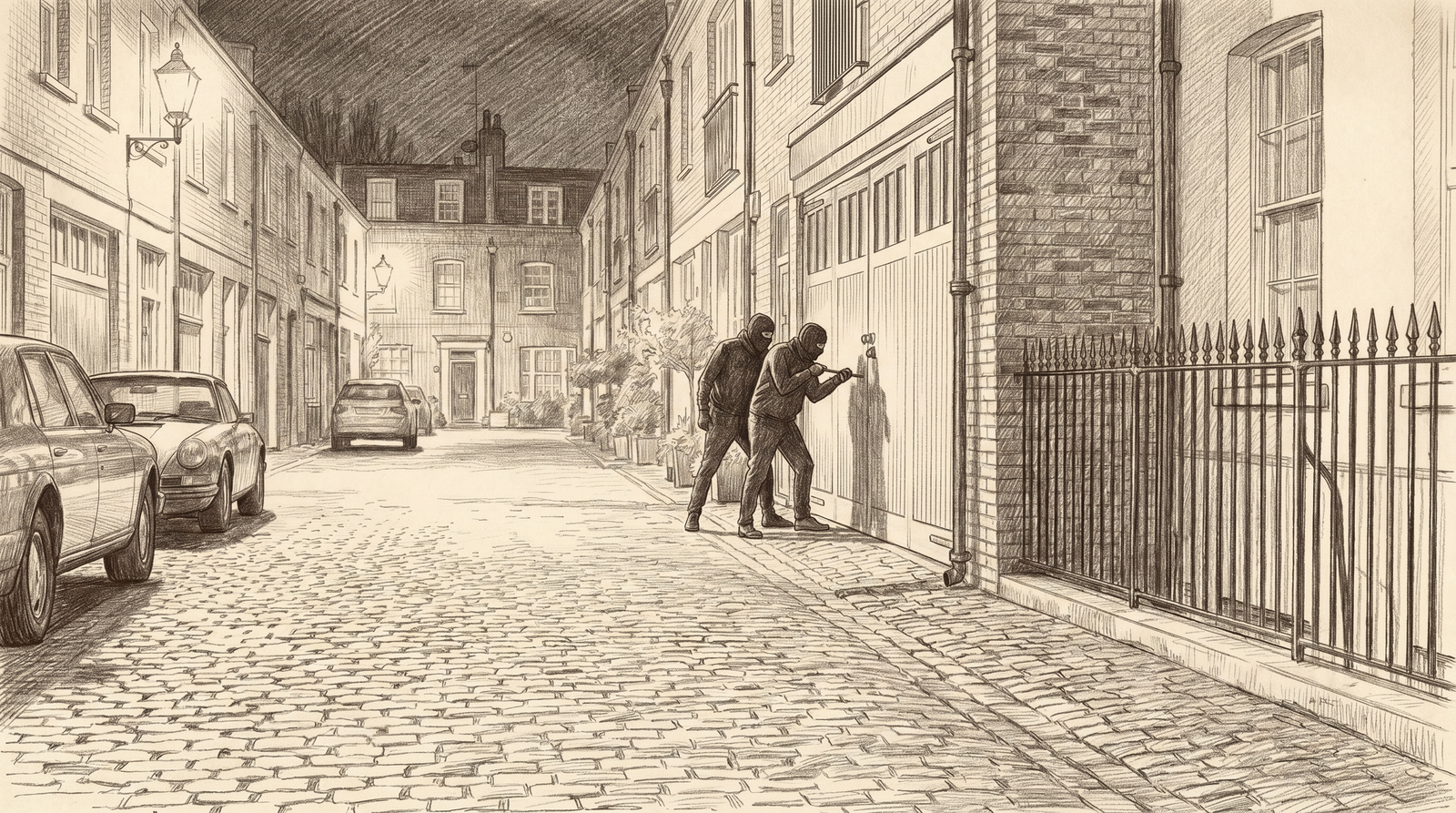 Pencil illustration of an attempted intrusion in a historic mews street