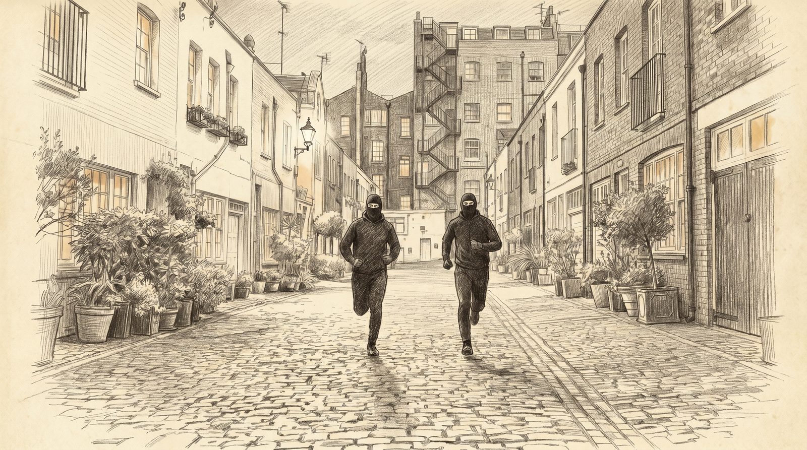 Pencil illustration of intruders retreating through a historic mews street