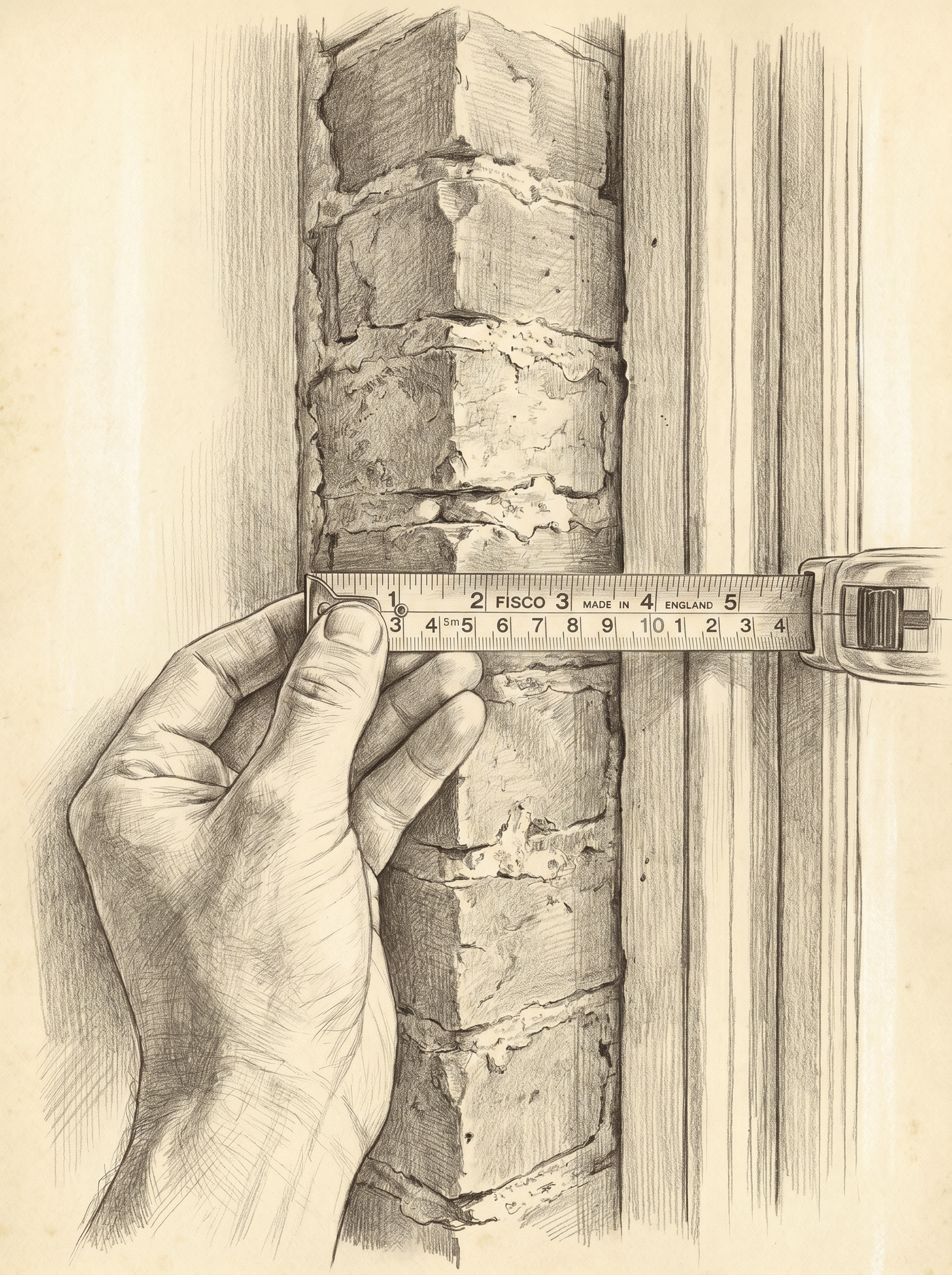 Survey with tape measure showing reveal measurement before removal